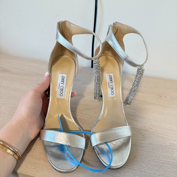 Jimmy Choo Viola 100 Sandals Metallic Silver Crystal Tassel Ankle Strap Sz 41.5 - Picture 3 of 14